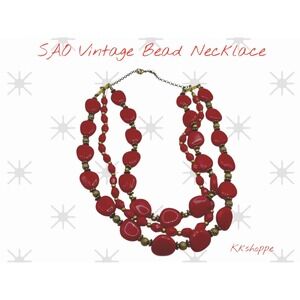 SAO Vintage Red Bead Necklace 18" Multi-Strand Gold Accent Statement Piece